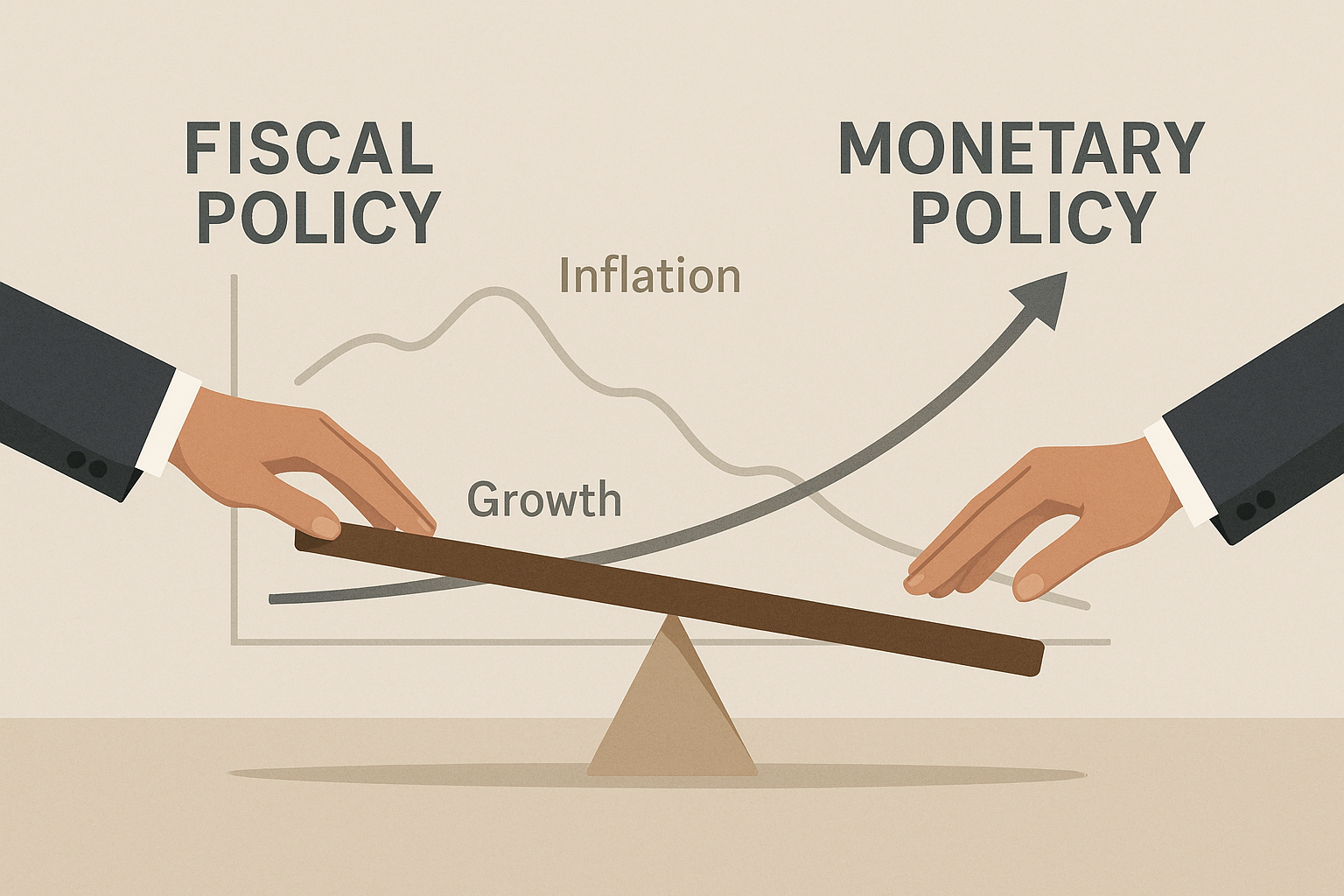 Rappresentazione concettuale delle leve di politica fiscale e monetaria e del loro impatto su crescita e inflazione