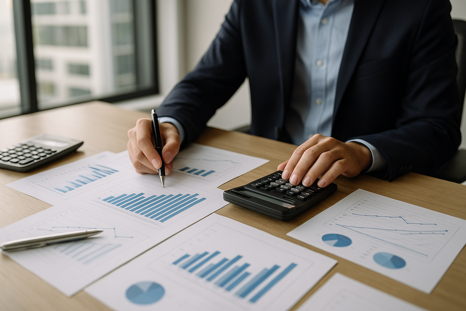 Documenti finanziari e grafici su una scrivania che rappresentano la gestione della liquidità aziendale