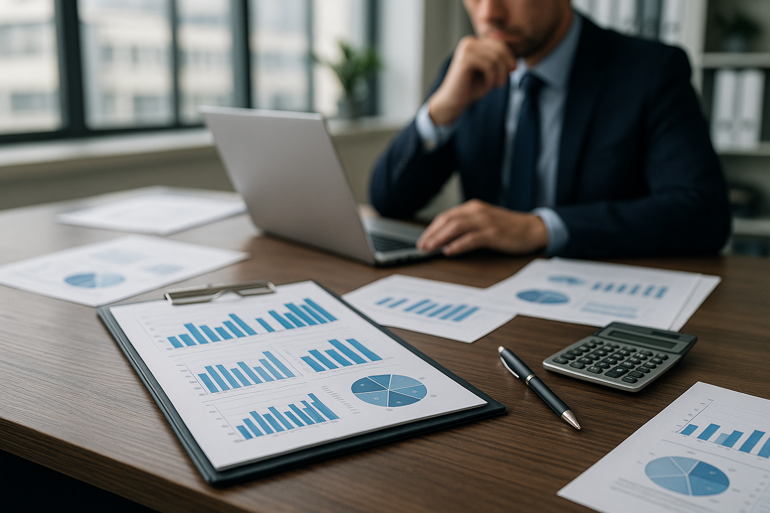 Documenti finanziari e grafici economici su una scrivania in un ufficio