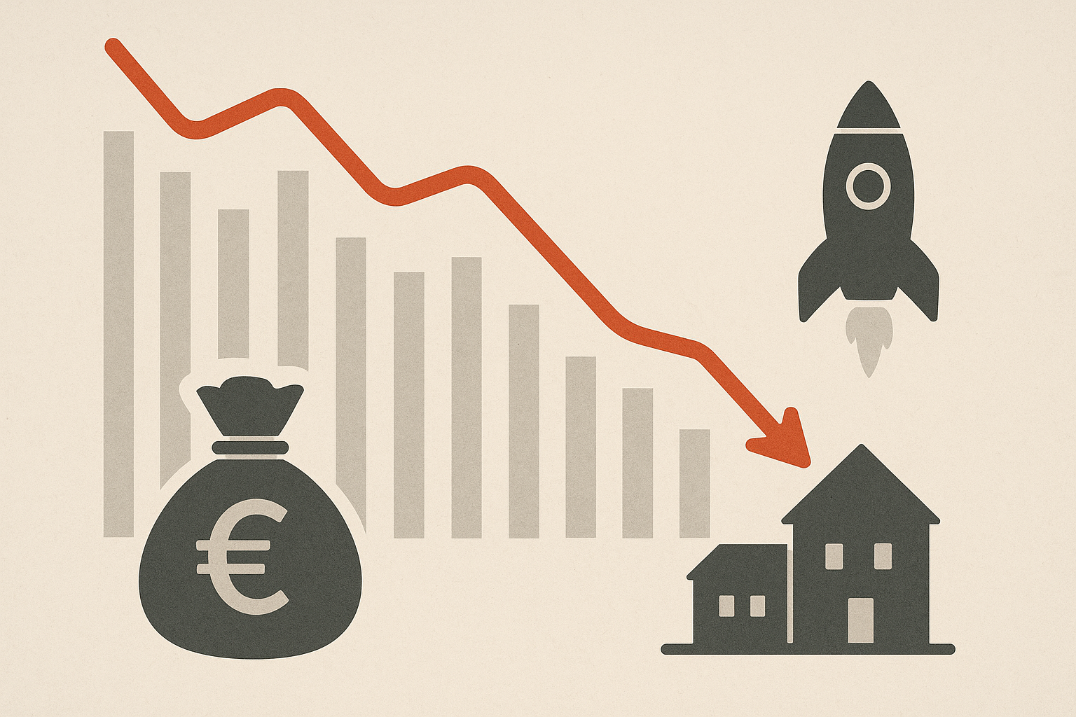 Illustrazione editoriale di una linea di crescita che rallenta con simboli di investimenti e startup