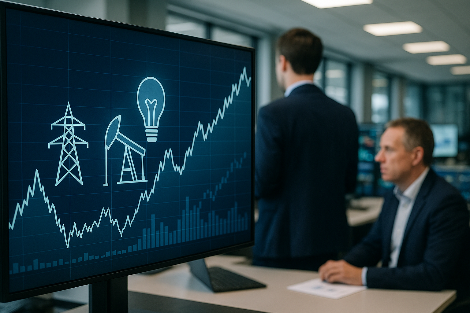 Grafico di mercato con simboli astratti legati al settore energia e andamento volatile