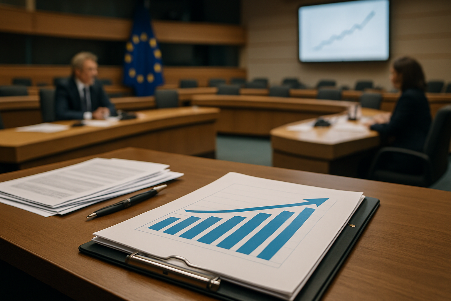 Grafico del debito in salita accanto a documenti di bilancio in un contesto istituzionale europeo