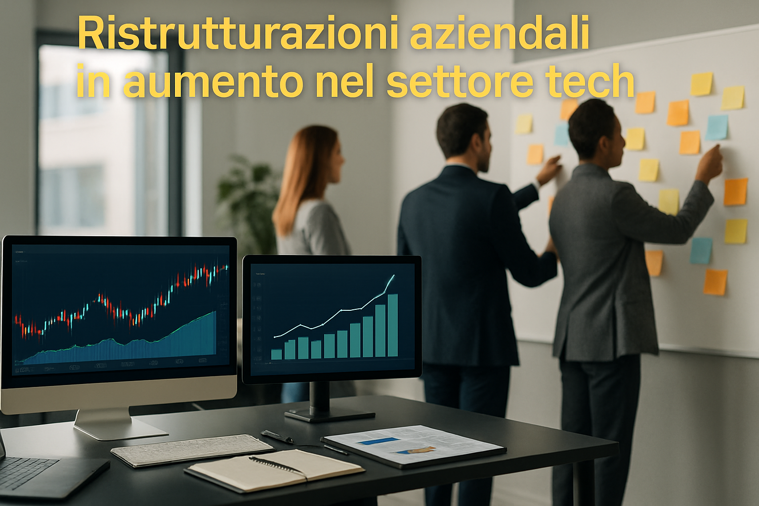 Team in ufficio moderno che analizza grafici e riorganizza attività durante una ristrutturazione aziendale nel settore tech