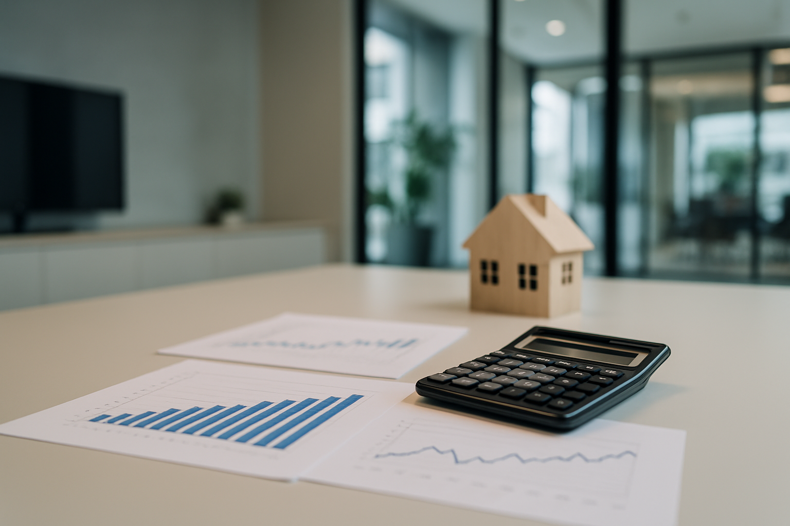 Analisi dei dati del mercato immobiliare con grafici e calcolatrice su un tavolo