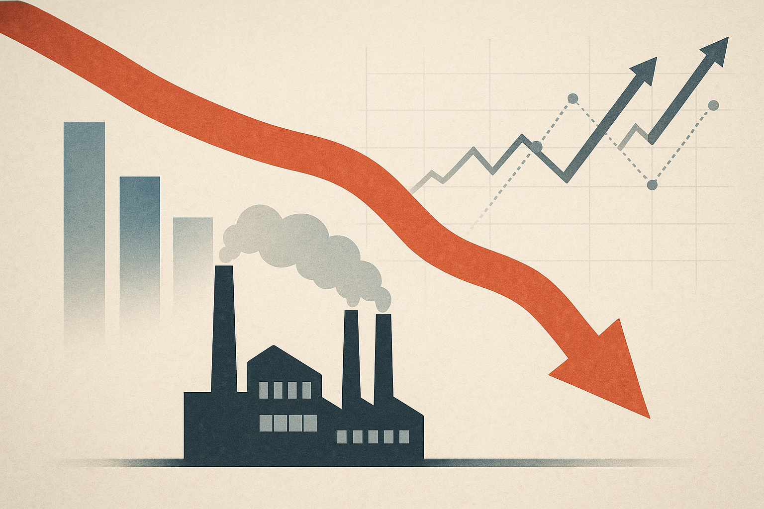 Andamento in calo della produzione industriale e aumento del rischio di recessione rappresentati in un grafico
