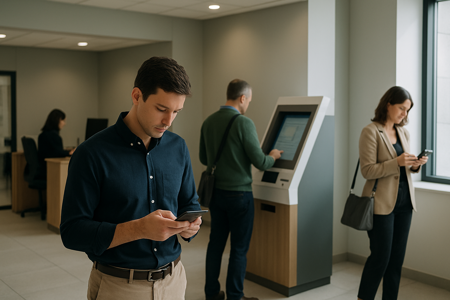Ambiente bancario moderno con postazioni digitali e clienti che usano lo smartphone