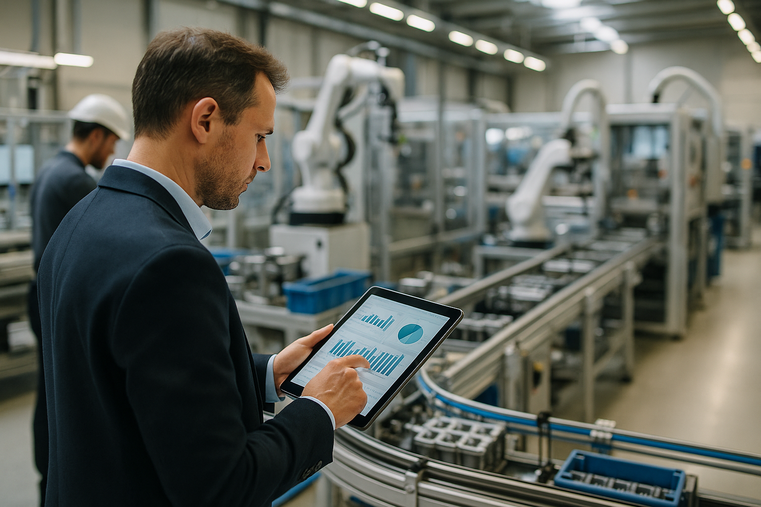 Stabilimento industriale con linee automatizzate e tecnici che monitorano dati di produzione