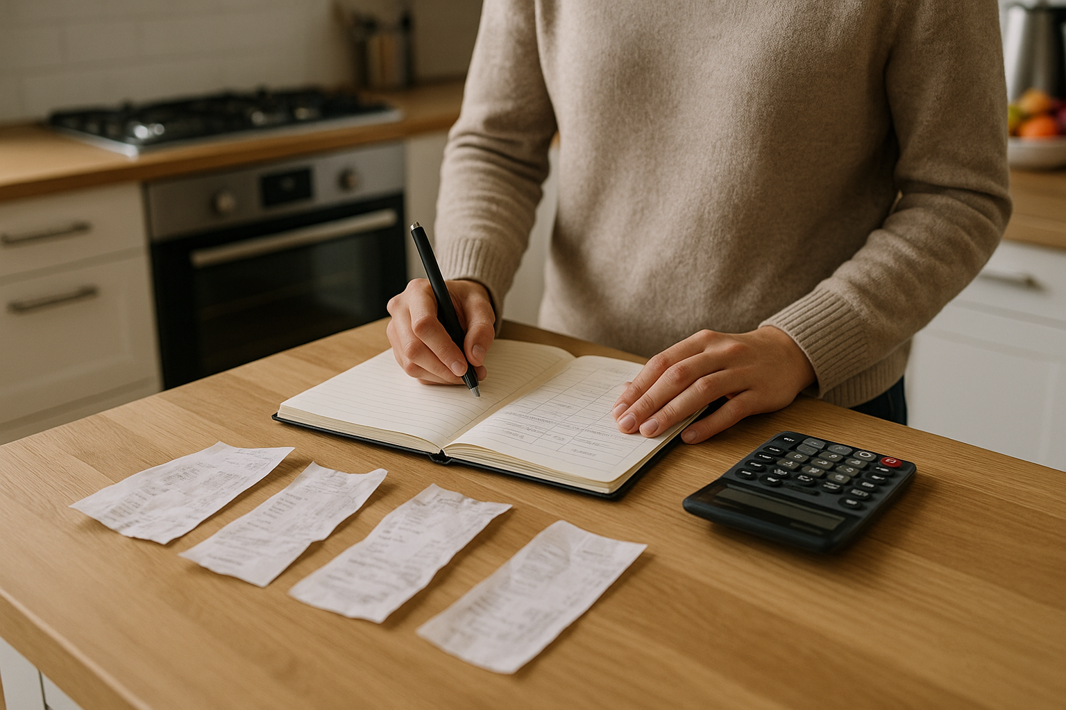 Persona che pianifica il budget familiare con scontrini e calcolatrice sul tavolo