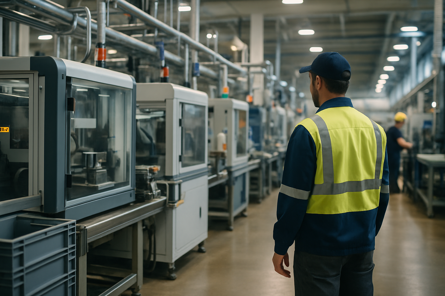 Stabilimento manifatturiero europeo con linee di produzione automatizzate e personale al lavoro