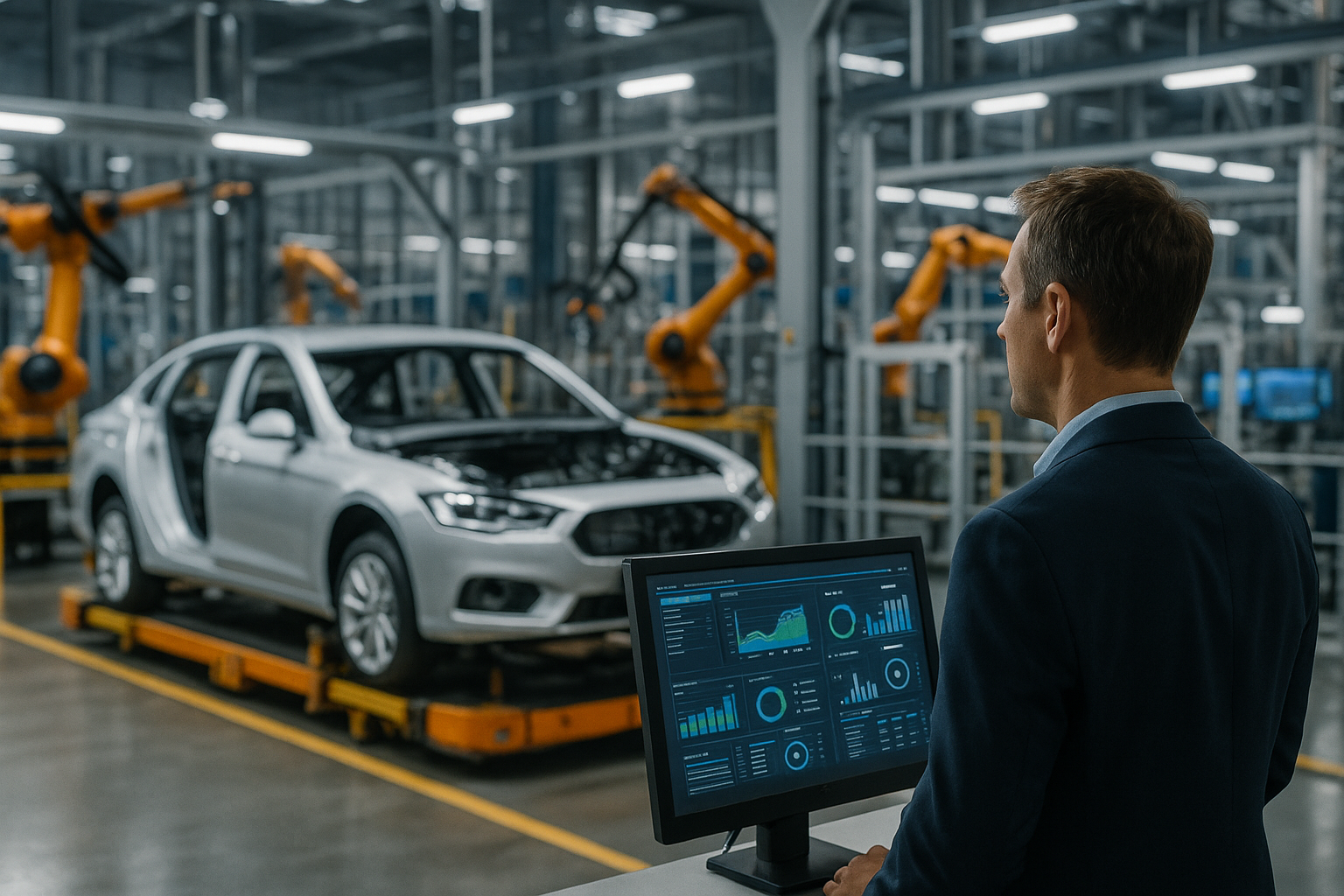 Stabilimento automotive moderno con automazione e sistemi digitali di controllo