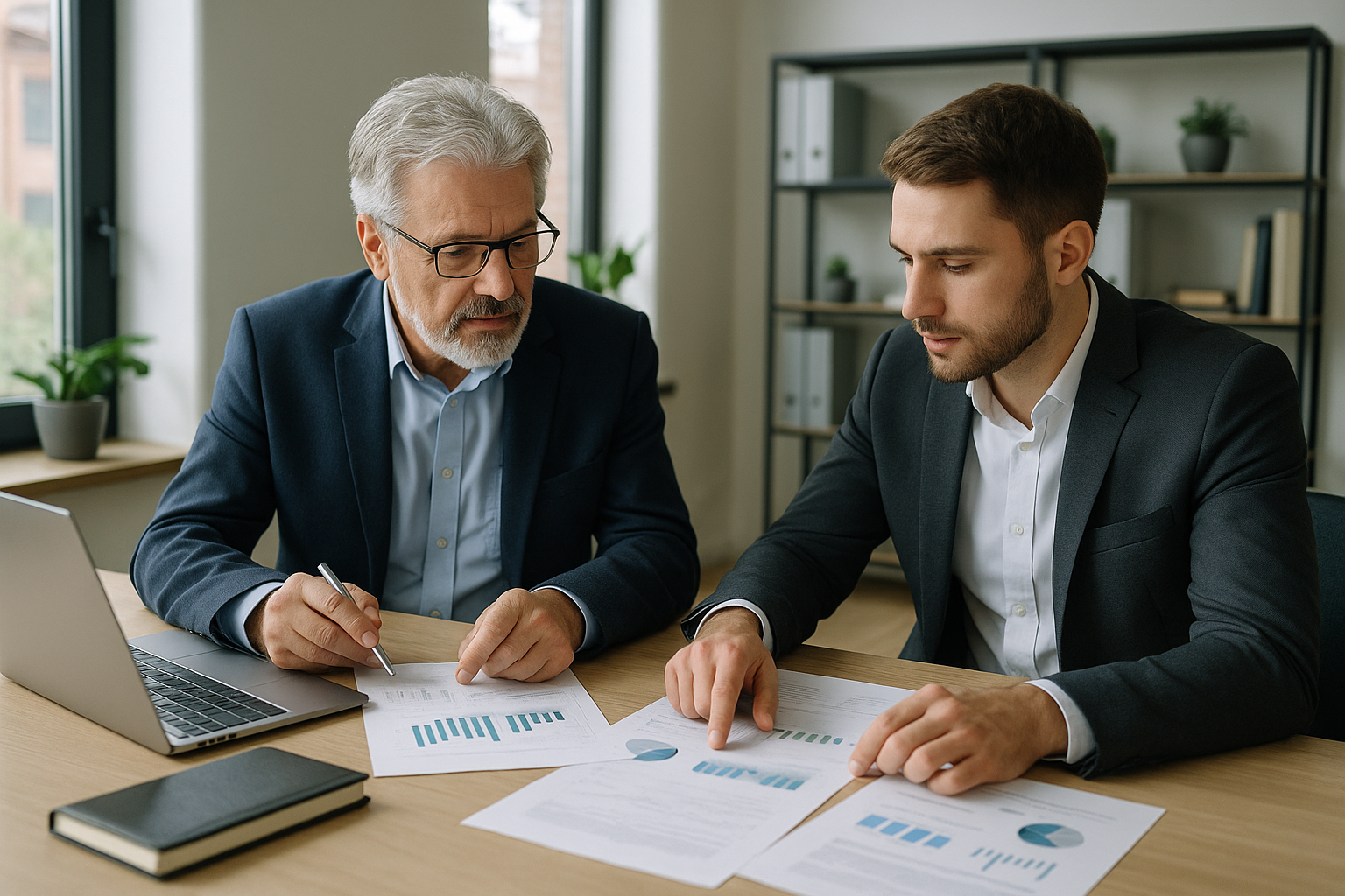 Due generazioni in un'impresa familiare discutono un piano di ricambio generazionale e dati economico-finanziari