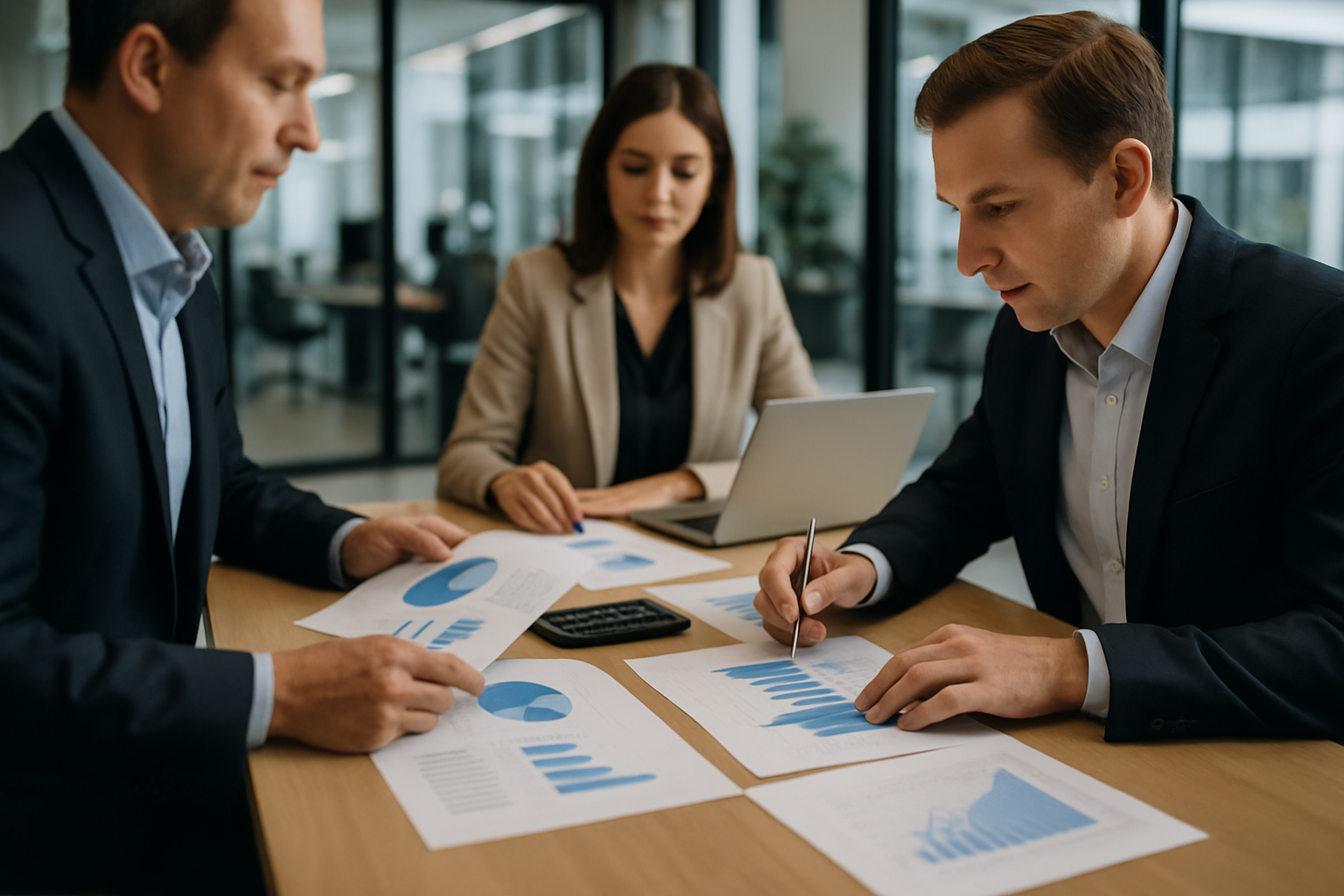 Team in ufficio che analizza documenti e grafici per decisioni aziendali