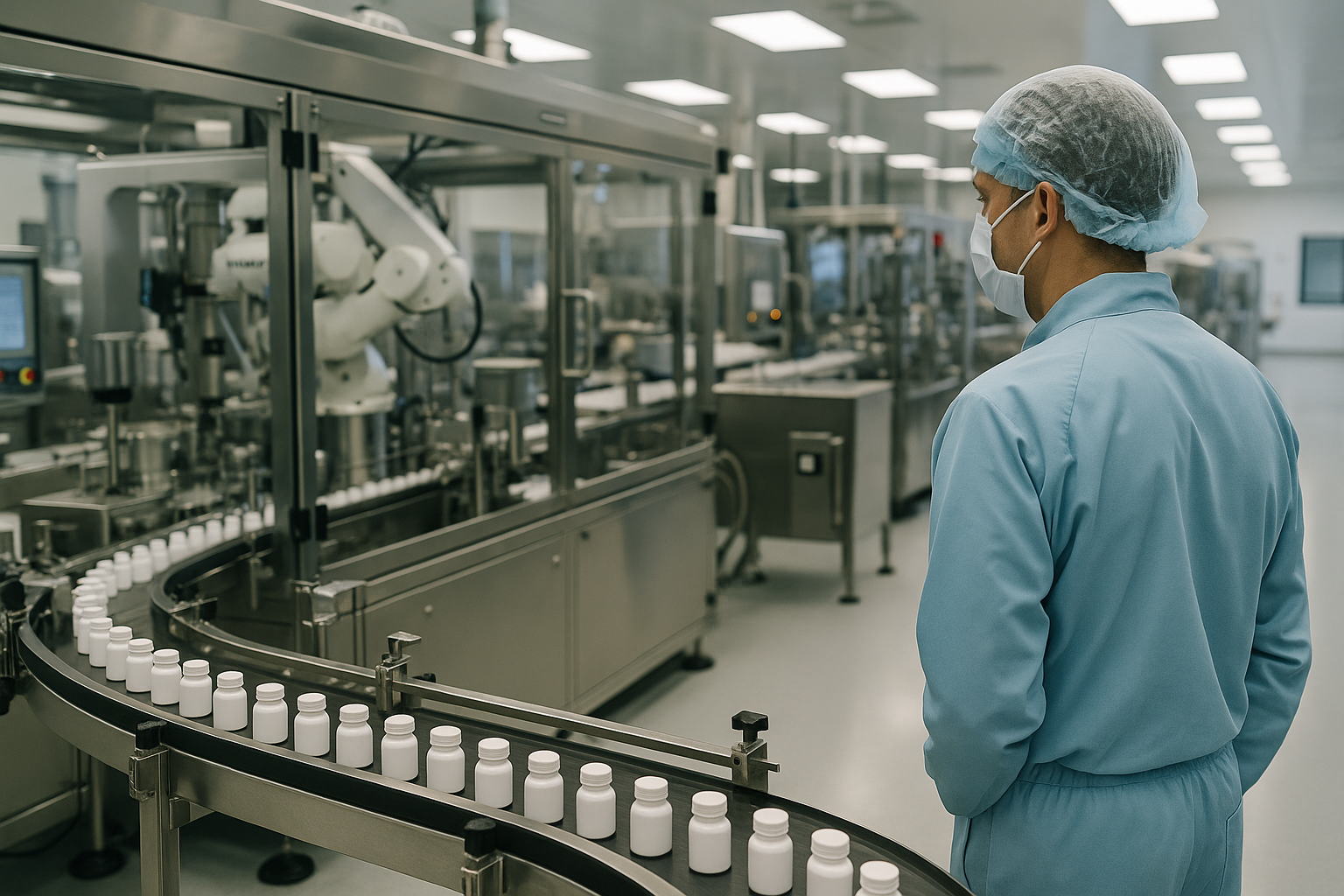 Stabilimento farmaceutico moderno con linee di produzione automatizzate