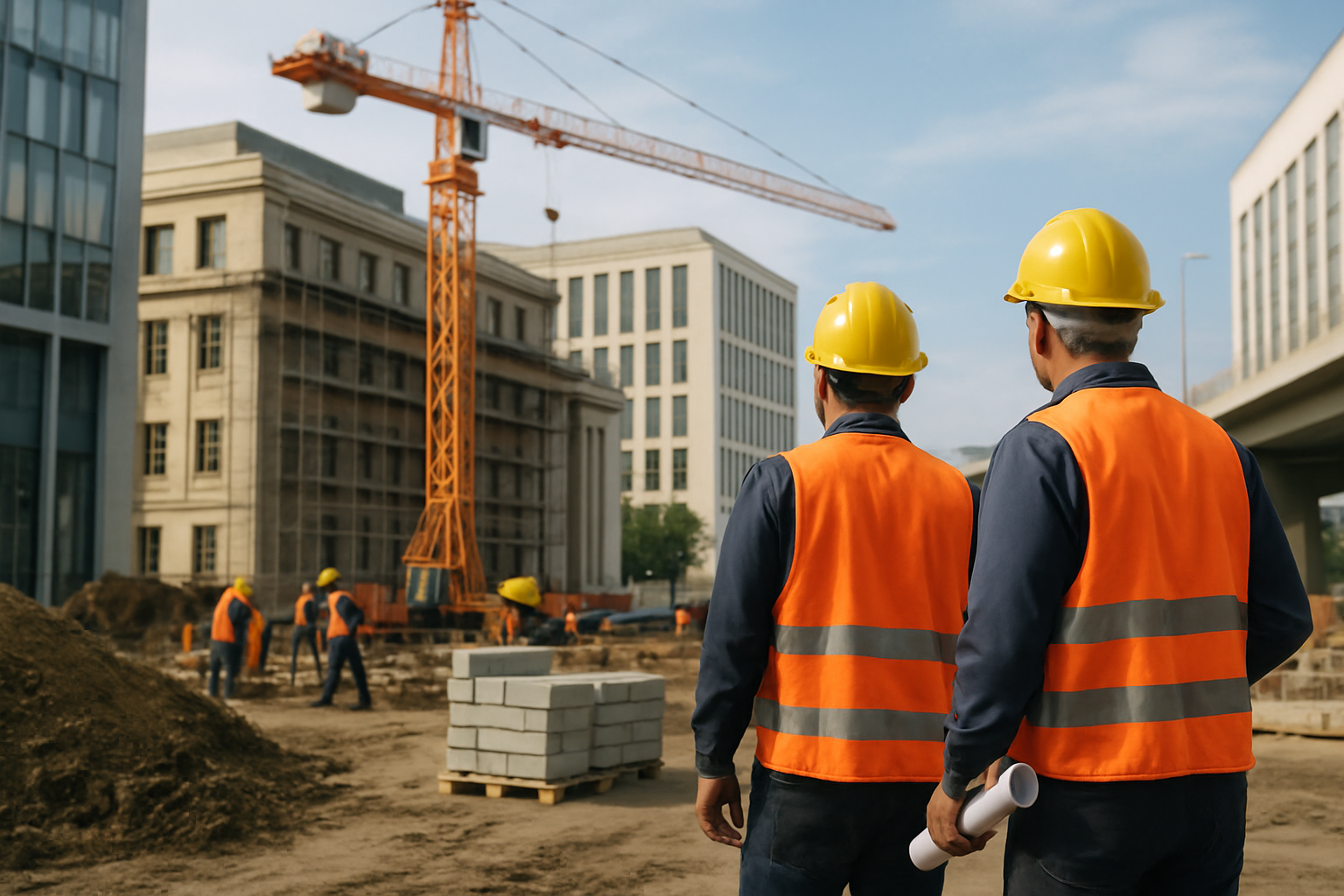 Cantiere urbano con lavori di ristrutturazione e infrastrutture in costruzione