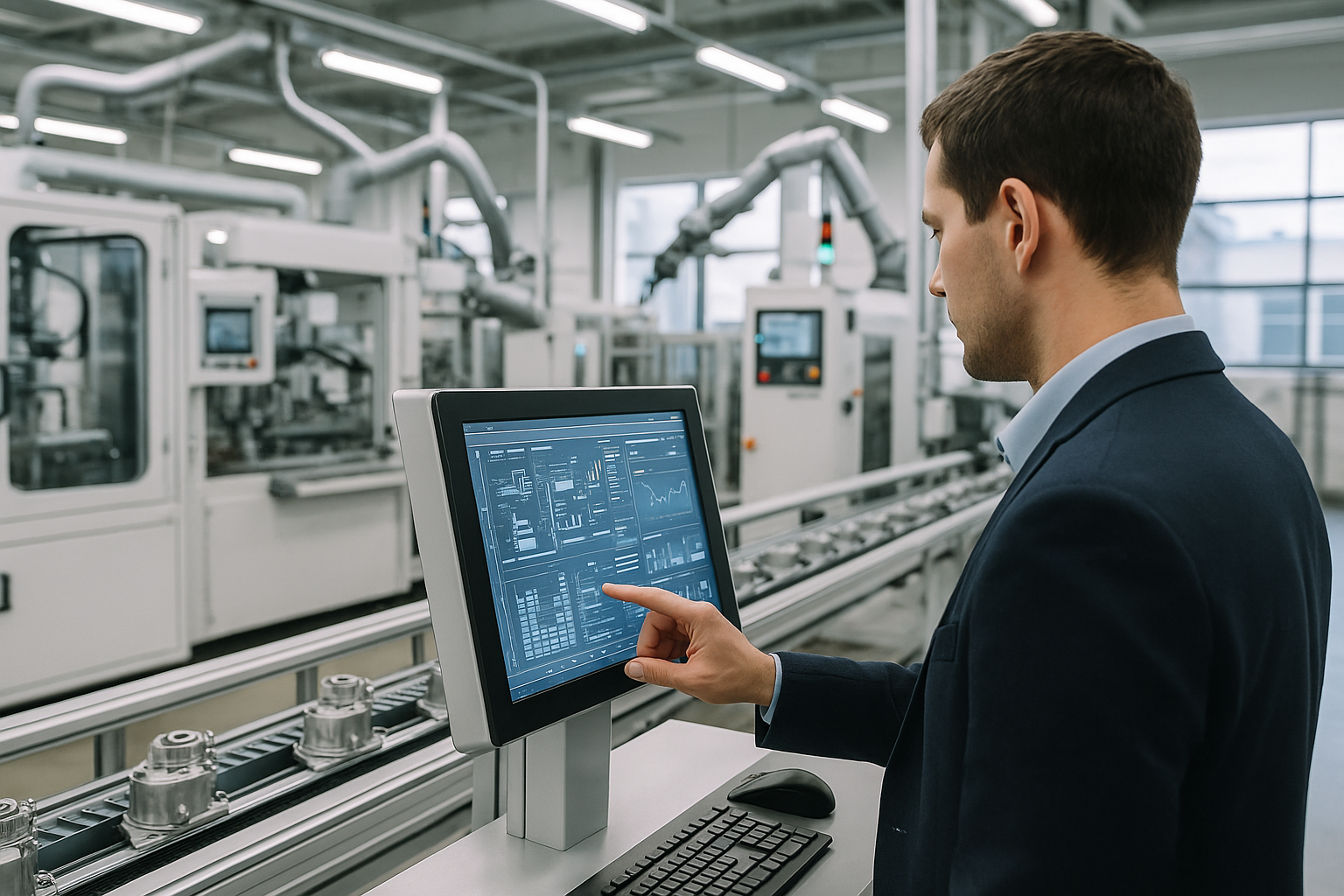 Stabilimento industriale moderno con linee produttive digitalizzate e pannelli di controllo