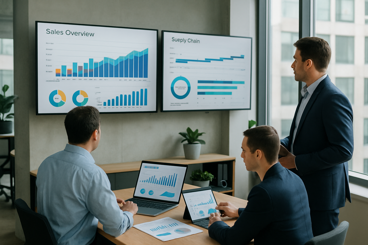 Team aziendale che analizza dati di vendite e supply chain per e-commerce B2B su dashboard