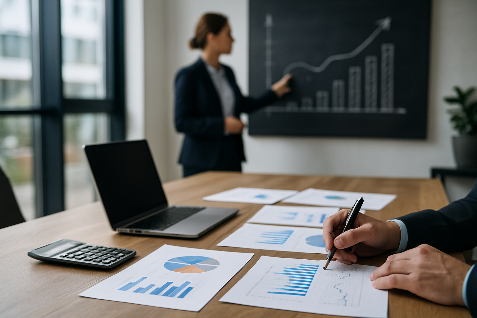 Decisioni aziendali e indicatori economici rappresentati da grafici e documenti finanziari in un contesto d’ufficio