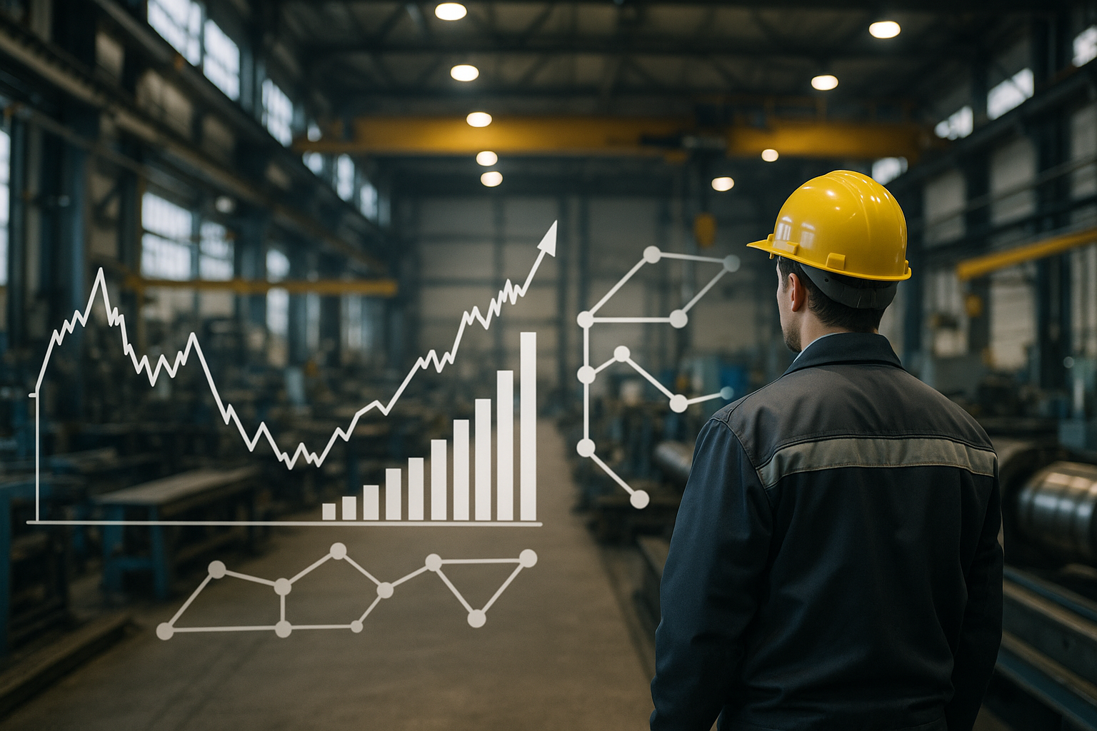 Stabilimento industriale con rappresentazione astratta della volatilità dei prezzi delle materie prime e della filiera di fornitura
