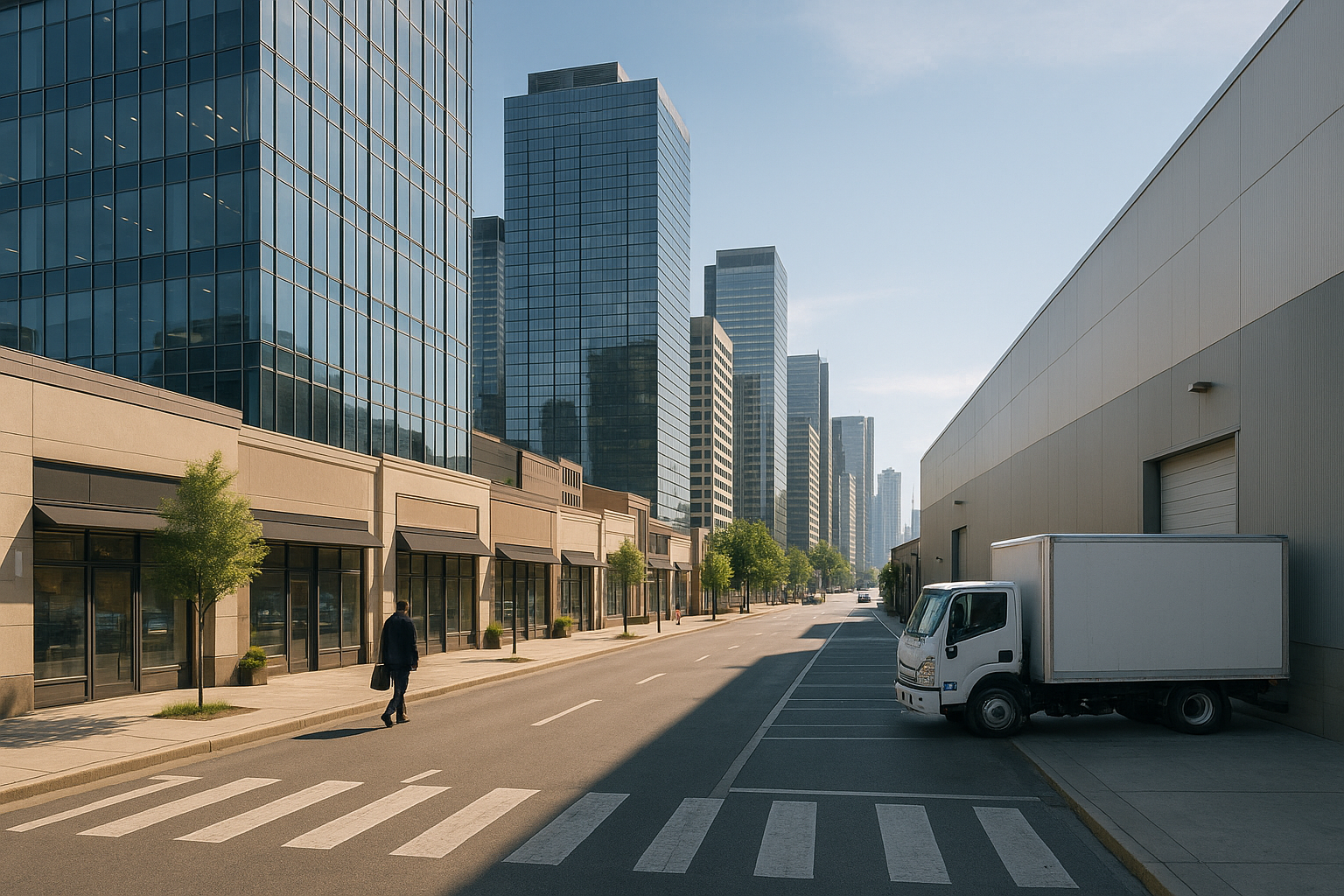 Panoramica di città con uffici, strada commerciale e area logistica che rappresentano l’evoluzione dell’immobiliare commerciale
