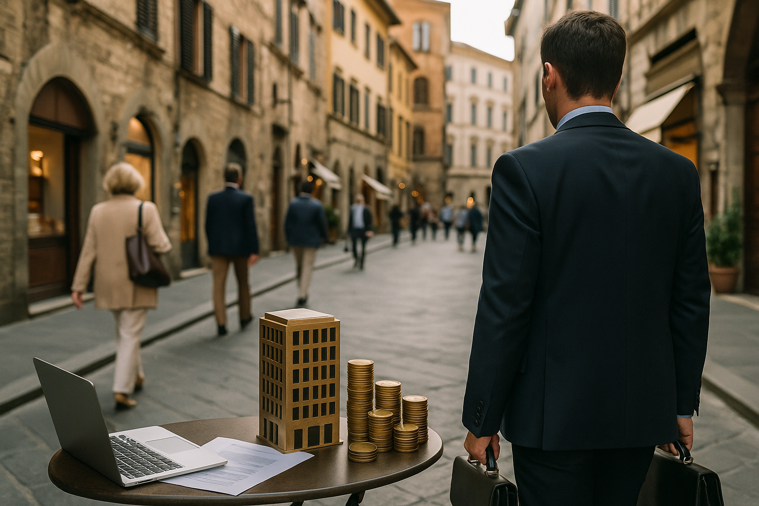 Turismo e servizi locali in un centro storico con attività commerciali
