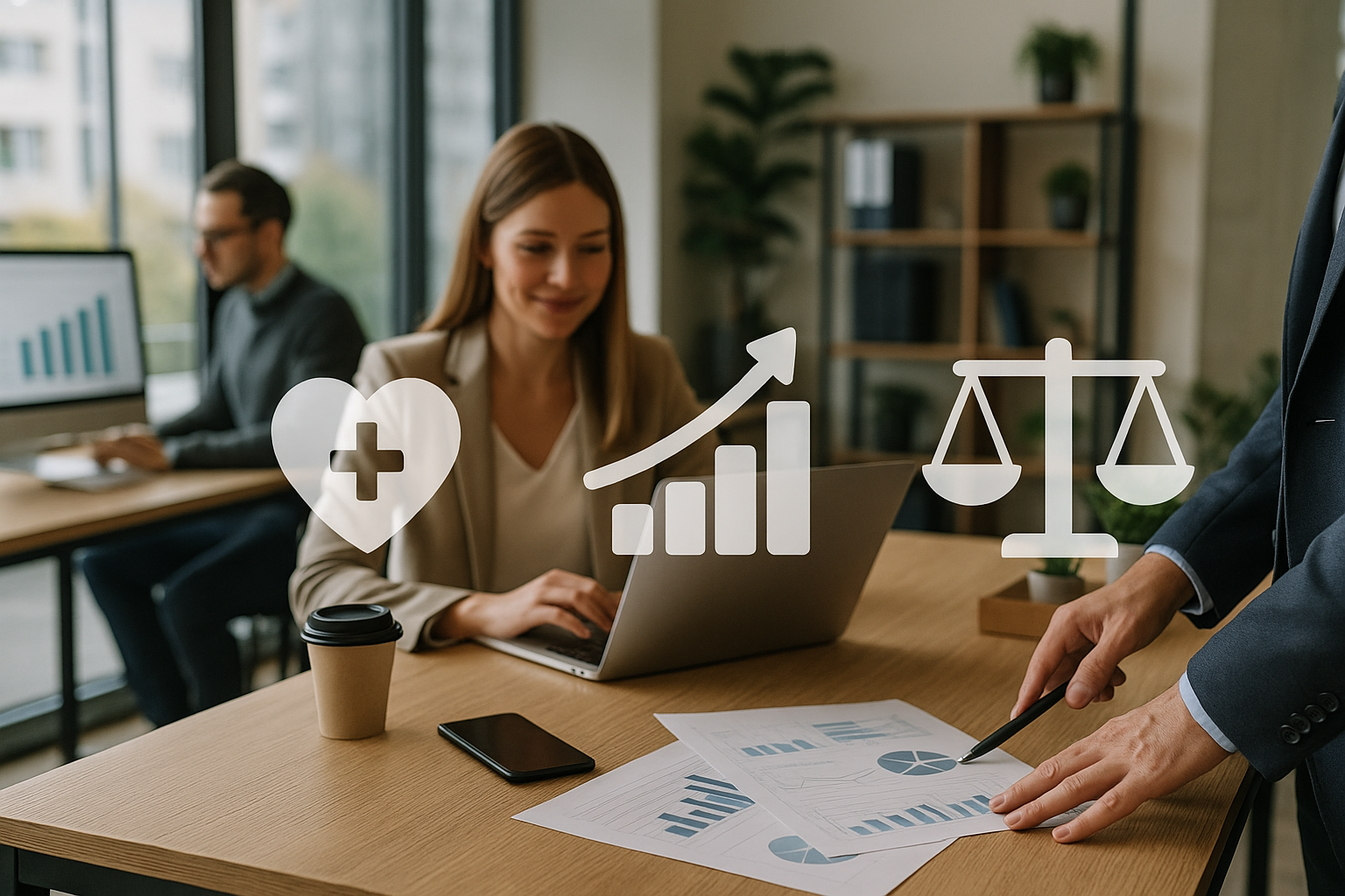 Team in ufficio con elementi grafici che richiamano welfare aziendale e produttività