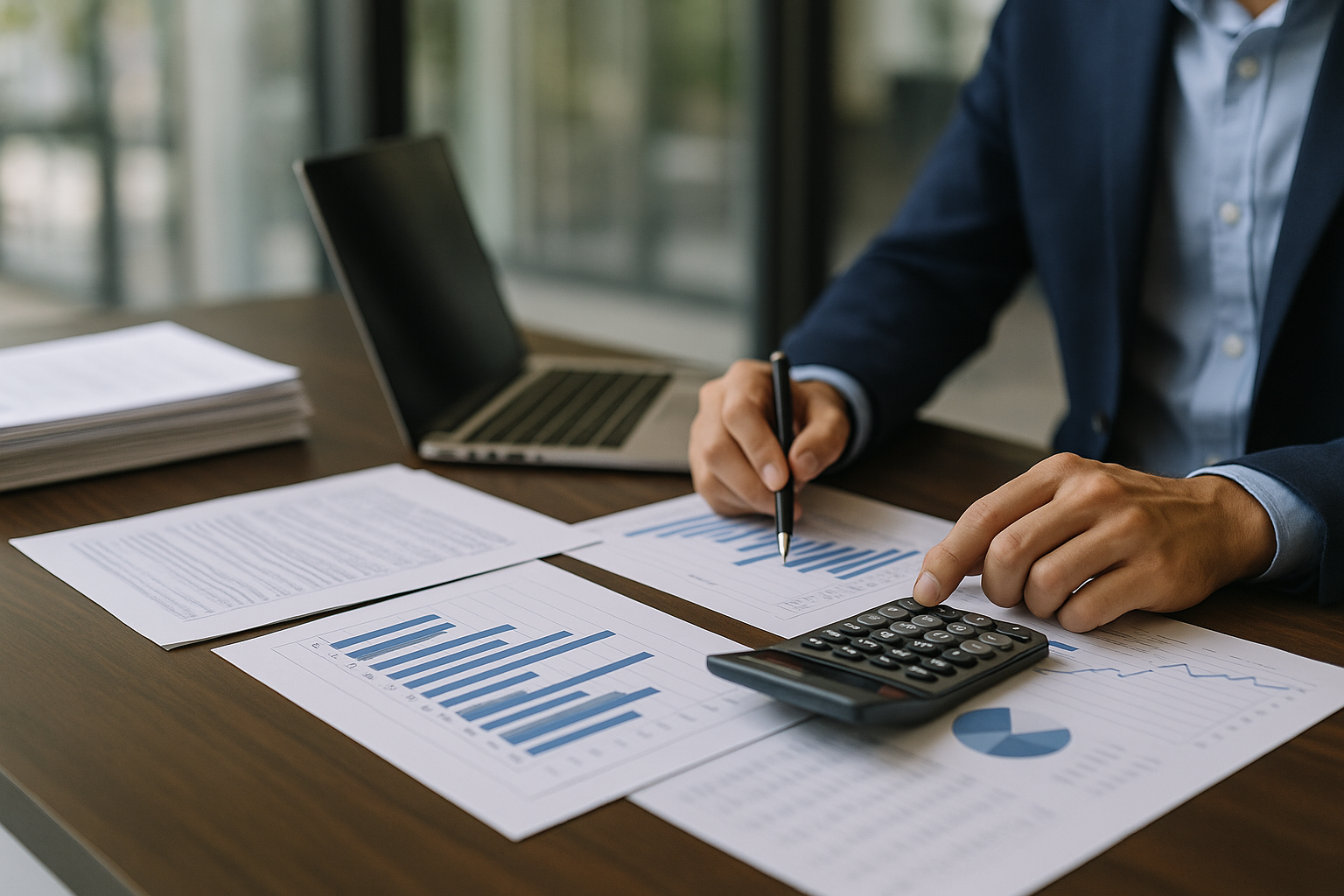 Documenti contabili e grafici economici su una scrivania, simbolo di pianificazione fiscale e investimenti d’impresa