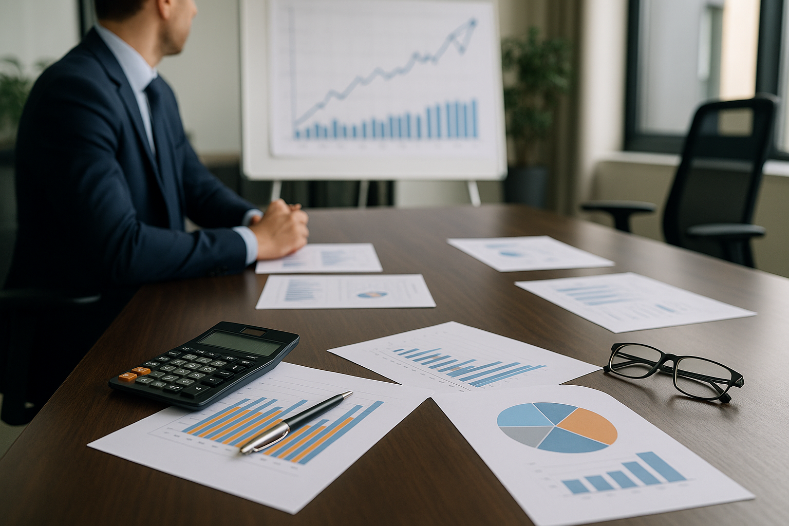 Riunione di management con grafici e documenti per pianificare una ristrutturazione aziendale