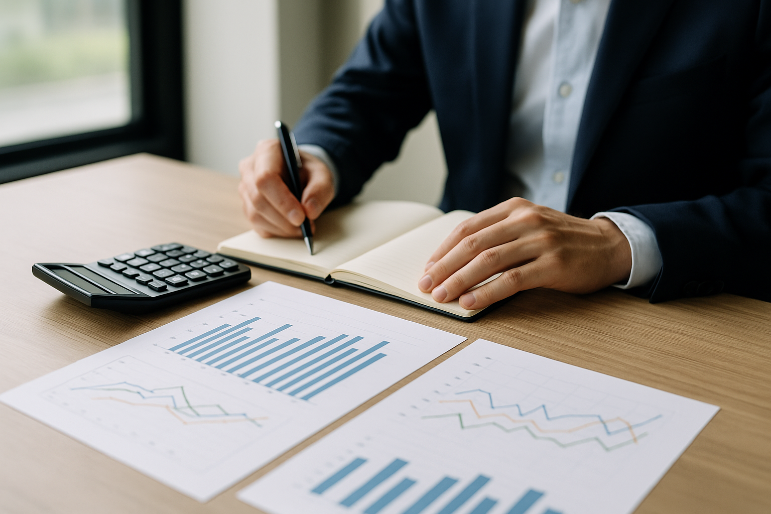 Strumenti per pianificazione finanziaria su una scrivania: taccuino, grafici e calcolatrice