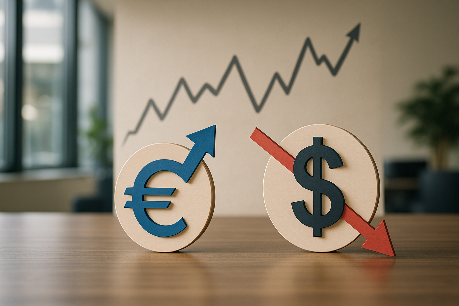 Andamento stilizzato del cambio tra euro e dollaro con frecce di oscillazione